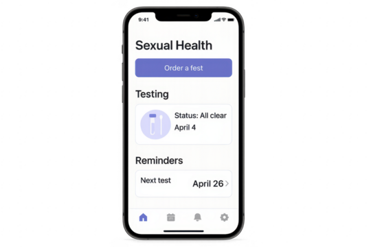 Smartphone displaying sexual health testing app with transparent background
