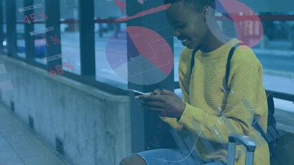 Animation of statistical data processing over african american woman using smartphone at a bus stop - Powered by Adobe
