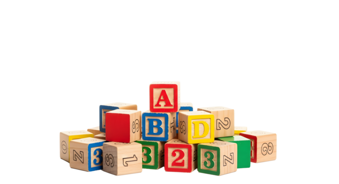 Colorful wooden toys of letters and numbers Isolated on a White background