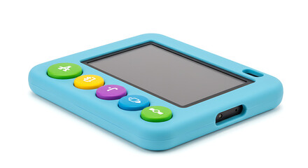 Vibrant Blue Children's Smart Device with Colorful Buttons and Blank Screen Modern kids&rsquo; toy for creative play and digital exploration, isolated on white with copy space
