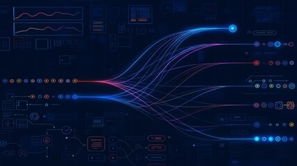 Futuristic interface visualizing a machine learning algorithm or data processing pipeline. Concept of big data analysis, information workflow, complex systems, and deep learning models. - Powered by Adobe