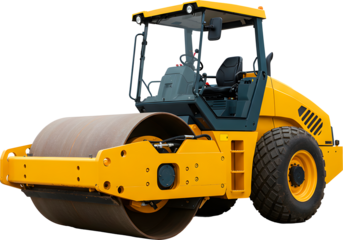 A heavy-duty yellow road roller ready for construction work. It's a symbol of strength and efficiency on the road.