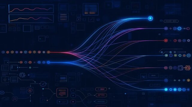 Futuristic interface visualizing a machine learning algorithm or data processing pipeline. Concept of big data analysis, information workflow, complex systems, and deep learning models. - Powered by Adobe