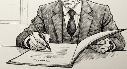 Illustration of a businessman in a suit signing a document with a pen on a desk.