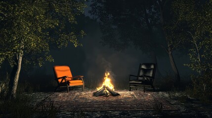 Two chairs by a campfire in a misty forest at night