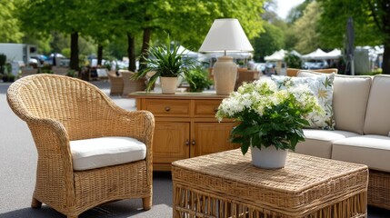 Fototapeta premium Collection of distinct vintage furniture, including sofas and lamps, arranged outside in a lively setting under clear skies