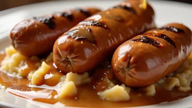 Three grilled sausages on mashed potatoes with gravy served on a white plate close up shot