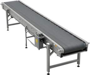 A long, industrial conveyor belt in a factory setting. The image shows the design and structure of the machine