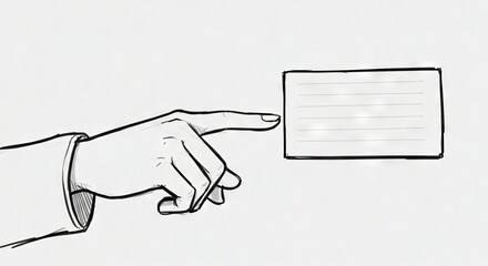 Illustration of a hand with a finger pointing towards a rectangular blank card or screen, set against a white background.