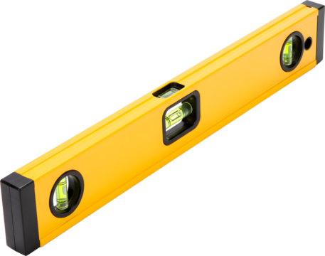 A yellow level tool with a clear glass vial showing perfect alignment, essential for construction work