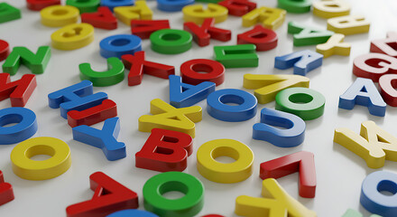 Naklejka premium A vibrant, eye-catching panorama of multi-colored plastic alphabet letters scattered playfully across a pristine white surface, evoking the joy of early childhood learning and the boundless potential 