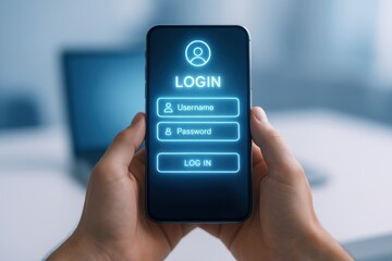 Mobile App Login Screen: A person holds a mobile phone displaying a login screen, highlighting the simplicity and accessibility of online security