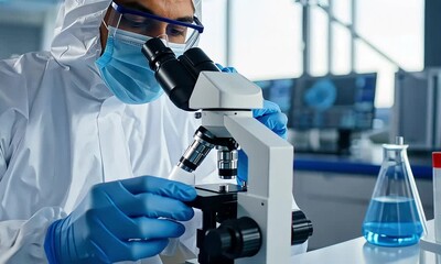 Scientist working with microscope in research laboratory - Powered by Adobe