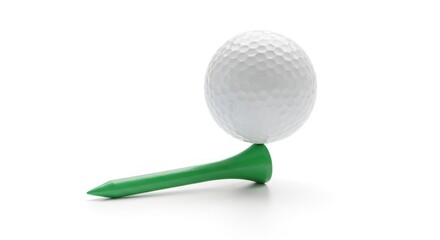 A white golf ball balanced precariously on a vibrant green golf tee against a bright white background.