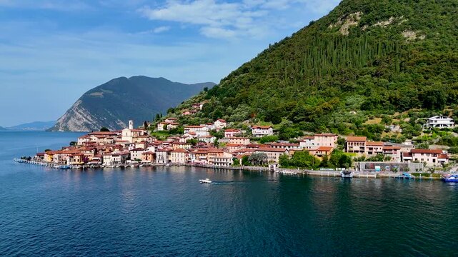 Monte Isola in Lake Iseo or Lago d'Iseo. Beautiful island in Lombardy, Italy. Aerial 4K drone video footage