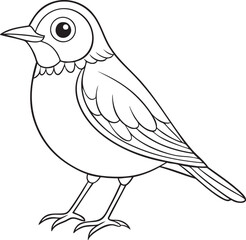 Charming outline drawing of a small bird standing alertly with detailed feathers and a gentle expression