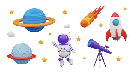 Naklejka premium Astronaut exploring cosmic wonders including planets rocket telescope and stars