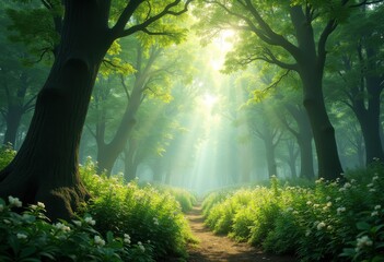 Obraz premium vibrant forest canopy dappled sunlight lush foliage nature greenery tranquil woodlands fresh air serenity, flora, ecosystem, trees, branches, environment