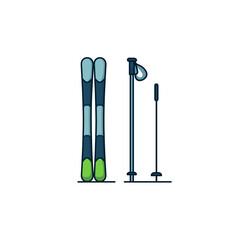skis and poles, a simple vector illustration in dark teal on a white background, with a flat design featuring no gradients or shadows, and bold lines