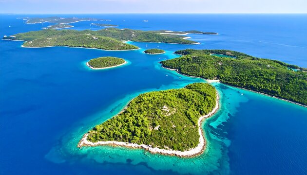 Aerial view of a lush green island surrounded by crystal clear blue water.