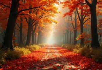 tranquil forest trail covered vibrant fallen leaves autumn serenity nature pathway, woodland, trees, landscape, sunset, canopy, wilderness, flora, vista