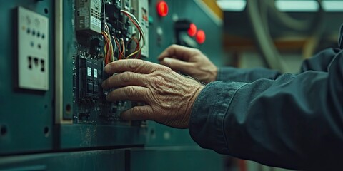 Hispanic man working with electrical control panel in workshop for Labor Day  