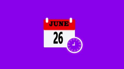 26 june month calendar with time symbol. Simple calendar icon animation and date change of time month with violet background.