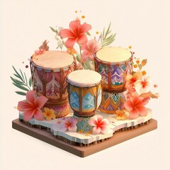 A vibrant display of three decorative drums adorned with colorful patterns and surrounded by lush tropical flowers and foliage.