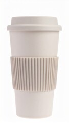 Beige Reusable Coffee Cup with Lid and Sleeve on a White Background for Mockup