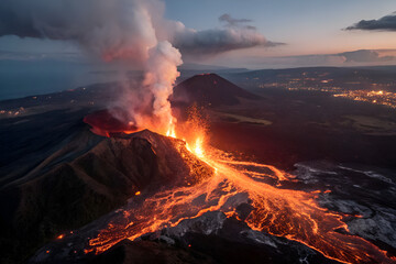 Volcanic eruption at night, an aerial view of a lava stream flowing from the crater
