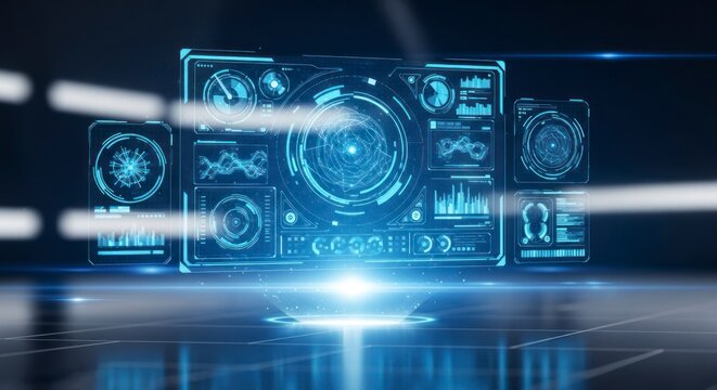 Sophisticated, light-blue digital interface displays complex data and information.