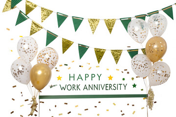 Bright and cheerful golden and green decor with confetti and balloons, joyfully marking a happy work anniversary and celebrating years of dedicated service
