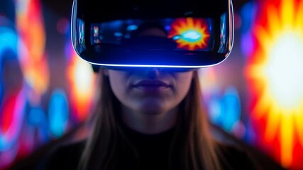Young woman wearing a virtual reality headset with neon lights reflected on her face - Powered by Adobe