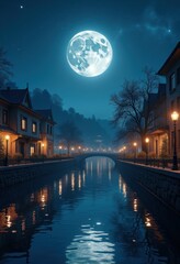 glowing full moon illuminating tranquil cityscape reflection still water night sky serenity, buildings, landscape, architecture, lights, skyline, twilight