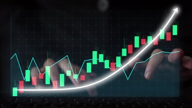 A focused trader hands touch a digital screen displaying a rising stock market graph and candlestick chart, symbolizing financial growth and strategic investment decisions. Copula