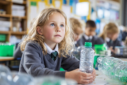 Schoolgirl recycling plastic bottle in classroom
