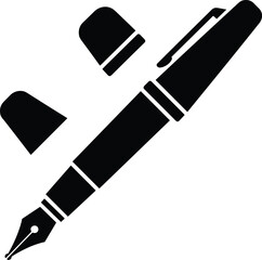 Vector icon of pencil and fountain pen crossed, black silhouette symbolizing creativity, writing, art, drawing, education, and office tools