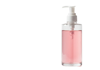 Naklejka premium Elegant clear bottle with pink liquid and pump dispenser for beauty or skincare product