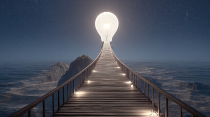 Obraz premium Surreal scene featuring long wooden bridge leading to large glowing light bulb above ocean. night sky is filled with stars, creating dreamlike atmosphere