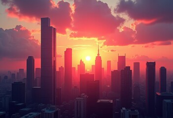 Fototapeta premium vivid sunset silhouette city skyline urban landscape colorful horizon blissful evening, dusk, clouds, light, reflection, buildings, metropolis, nightfall