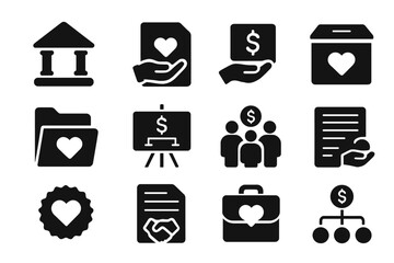 Charity Icons Collection. Solid style icons of charitable foundations and funds: foundation house icon, giving trust file,