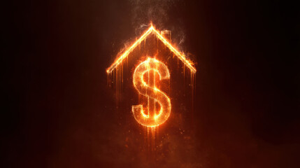 Fiery dollar sign inside house silhouette symbolizes financial investment and real estate value, radiating warmth and energy in dramatic visual display