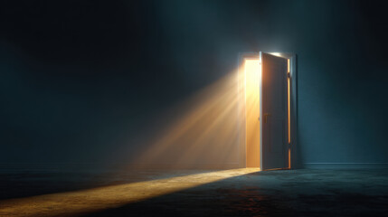Glowing door stands ajar in dark room, casting warm light that illuminates floor. scene evokes sense of mystery and possibility, inviting exploration and curiosity