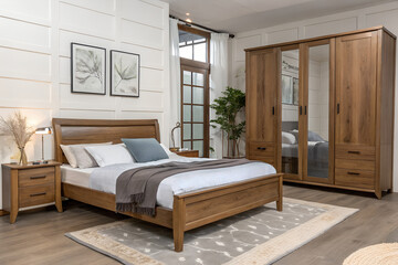 A stylish and modern bedroom interior featuring a complete matching wooden furniture set with a sleigh bed, a large mirrored wardrobe, and a nightstand.
Generative Ai.