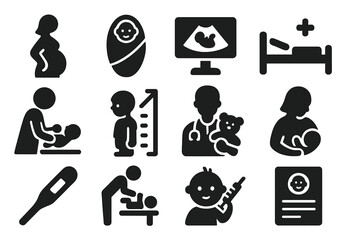 Maternal and Child Healthcare Icons. Solid style icons of maternal and child health: pregnant woman icon, baby swaddle icon,