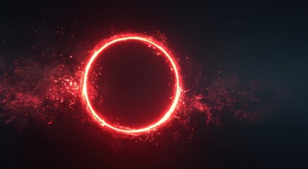 Vibrant photo of glowing ring of light on a dark background, in a futuristic and sci-fi style, with an energy explosion effect, glowing lines, a circular shape, a red color.