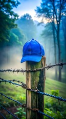 Obraz premium Bright blue cap resting on old wooden fence post amidst misty morning forest scenery
