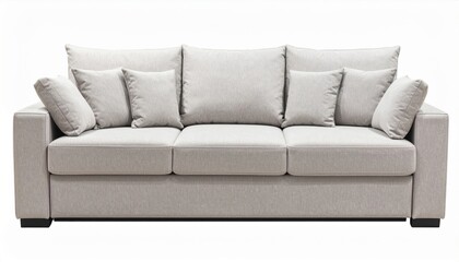 Fototapeta premium Elegant Modern Beige Sofa with Pillows on White Background Studio Shot