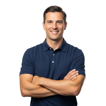 Professional and friendly middle aged man wearing a navy blue polo shirt with his arms crossed looking at the camera with a confident smile on his face against a plain background