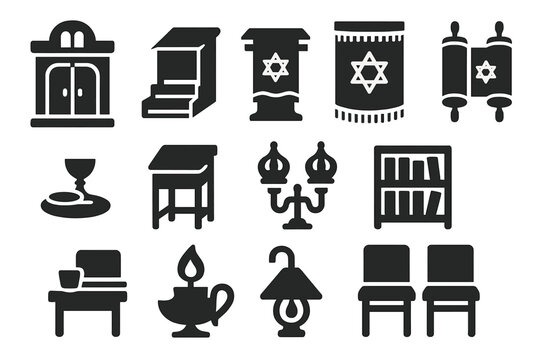 Synagogue Icon Set. Solid style icons of synagogue objects and furnishings: ark cabinet, bimah steps, podium with cloth, Torah